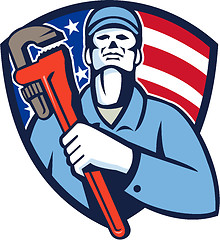 Image showing Plumber Holding Wrench USA Flag Shield Retro