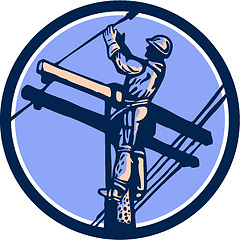 Image showing Power Lineman Repairman Climb Pole Retro Circle