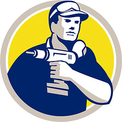 Image showing Handyman Holding Power Drill Circle Retro