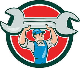 Image showing Mechanic Lifting Spanner Wrench Circle Cartoon