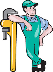 Image showing Plumber Leaning Monkey Wrench Isolated Cartoon