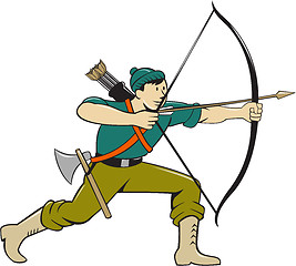 Image showing Archer Aiming Long Bow Arrow Cartoon