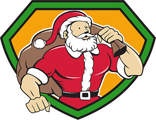 Image showing Super Santa Claus Carrying Sack Shield Cartoon