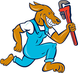 Image showing Dog Plumber Running Monkey Wrench Cartoon