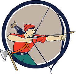 Image showing Archer Aiming Long Bow Arrow Cartoon Circle