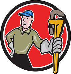 Image showing Plumber Presenting Monkey Wrench Circle Cartoon