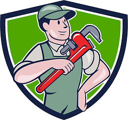 Image showing Plumber Pointing Monkey Wrench Shield Cartoon