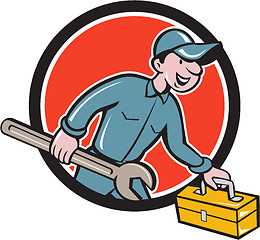 Image showing Mechanic Carrying Toolbox Spanner Circle Cartoon