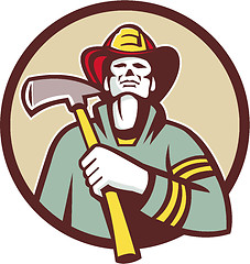 Image showing Fireman Firefighter Holding Fire Axe Circle Retro