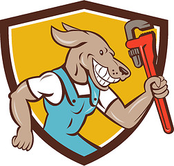 Image showing Dog Plumber Running Monkey Wrench Shield Cartoon