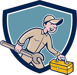 Image showing Mechanic Carrying Toolbox Spanner Shield Cartoon