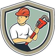 Image showing Plumber Holding Monkey Wrench Shield Cartoon