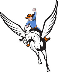 Image showing Cowboy Riding Pegasus Flying Horse Cartoon