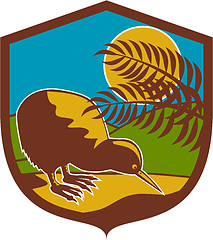 Image showing Kiwi Bird Moon Fern Mountain Shield Retro