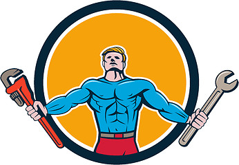 Image showing Superhero Handyman Spanner Wrench Circle Cartoon