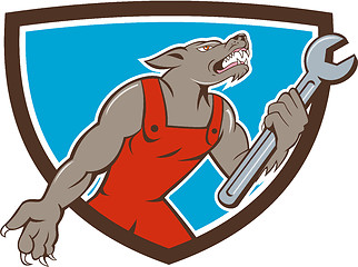 Image showing Wolf Mechanic Spanner Shield Cartoon