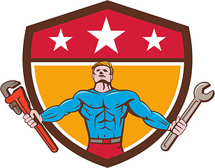 Image showing Superhero Handyman Spanner Wrench Shield Cartoon