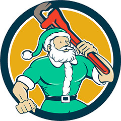 Image showing Muscular Santa Plumber Monkey Wrench Circle Cartoon