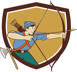 Image showing Archer Aiming Long Bow Arrow Cartoon Crest