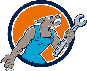 Image showing Wolf Mechanic Spanner Circle Cartoon