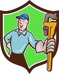 Image showing Plumber Presenting Monkey Wrench Shield Cartoon