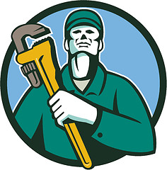 Image showing Plumber Holding Wrench Circle Retro