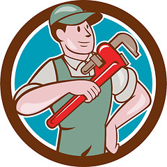 Image showing Plumber Pointing Monkey Wrench Circle Cartoon