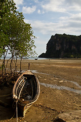 Image showing Abandonned Long tail boat  in Railay Beach Thailand
