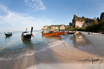 Image showing Several Long tail boat  at the beach in Railay Beach Thailand