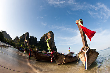 Image showing Several Long tail boat  at the beach in Railay Beach Thailand