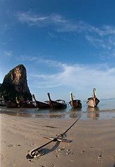 Image showing Several Long tail boat  at the beach in Railay Beach Thailand