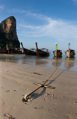 Image showing Several Long tail boat  at the beach in Railay Beach Thailand