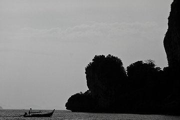 Image showing Silhouette of Long tail boat  in Railay Beach Thailand