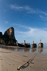 Image showing Several Long tail boat  at the beach in Railay Beach Thailand
