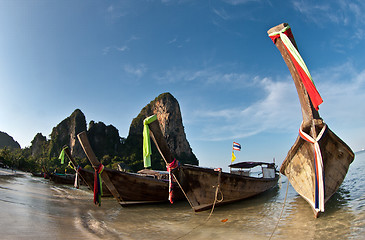 Image showing Several Long tail boat  at the beach in Railay Beach Thailand