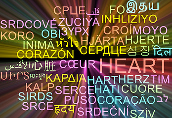 Image showing Heart multilanguage wordcloud background concept glowing