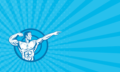 Image showing Business card Bodybuilder Flexing Muscles Pointing Side Retro