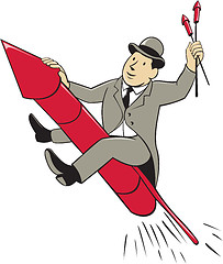 Image showing Man Bowler Hat Riding Fireworks Rocket Cartoon