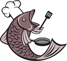 Image showing Fish Chef Cook Holding Spatula Frying Pan Cartoon