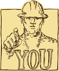 Image showing Construction Worker Pointing You Etching