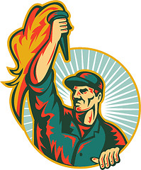 Image showing Worker Holding Up Flaming Torch Circle Retro