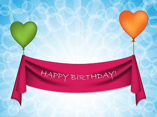 Image showing Happy birthday ribbon on heart balloons