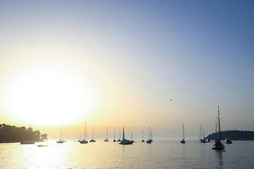 Image showing Anchored sailboats at open sea