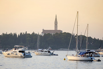 Image showing Sailboats in front of Saint Euphemia bell tower