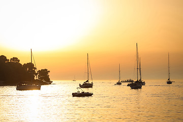 Image showing Sailboats anchored near coast