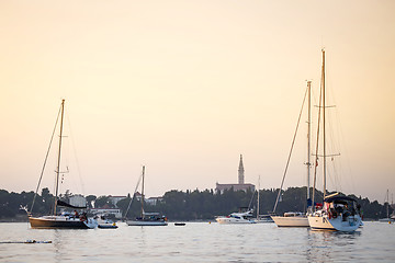 Image showing Sailboats anchored in harbour of Rovinj