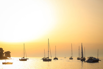 Image showing Sailboats anchored at sunset in Adriatic sea