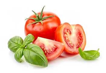 Image showing fresh tomatoes and basil leaves