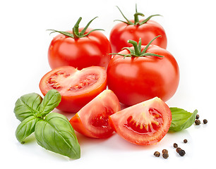 Image showing tomatoes, basil leaves and black pepper