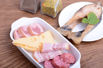 Image showing Food high in protein, fish, sausages, cheese